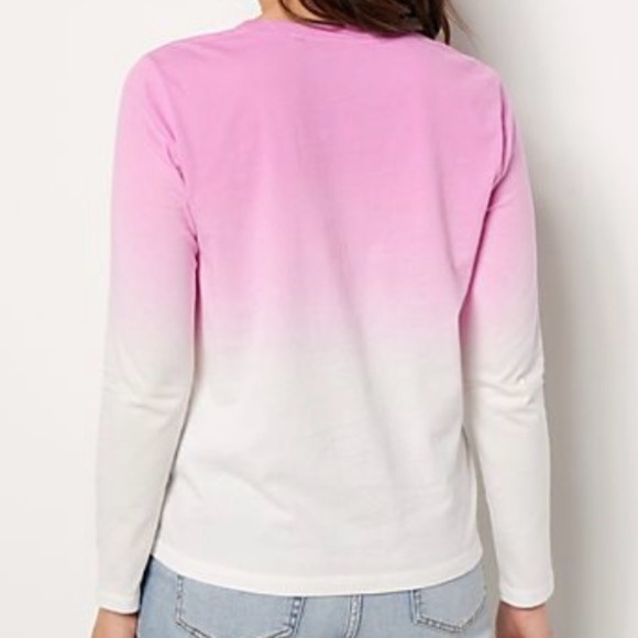 Long Sleeve Scoop Neck Loose Fit Tee Pink/White Ombré  Medium - Picture 3 of 12